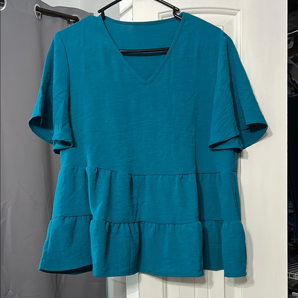 Teal V-Neck Ruffle Hem Top